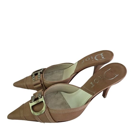 Dior Stunning Tan Leather Pointed Toe Logo Buckle Mules Size 37.5 - Picture 2 of 10